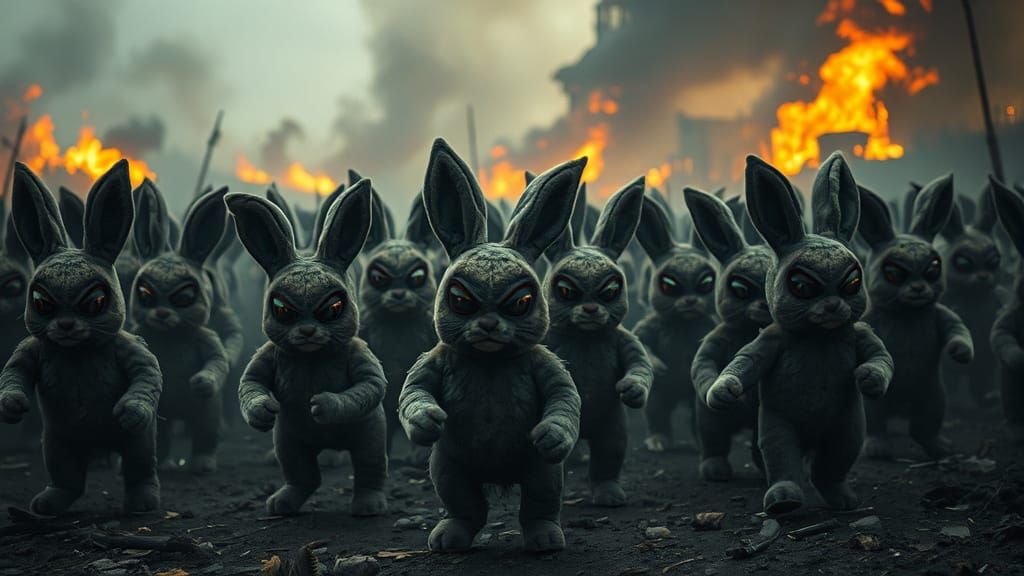 Plush Bunnies March on War-Torn Battlefield
