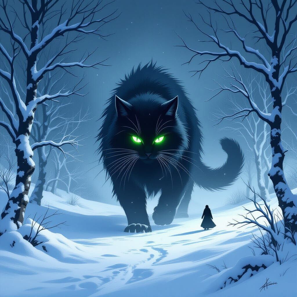 Menacing Yule Cat Lurks in Snowy Christmas Eve Landscape