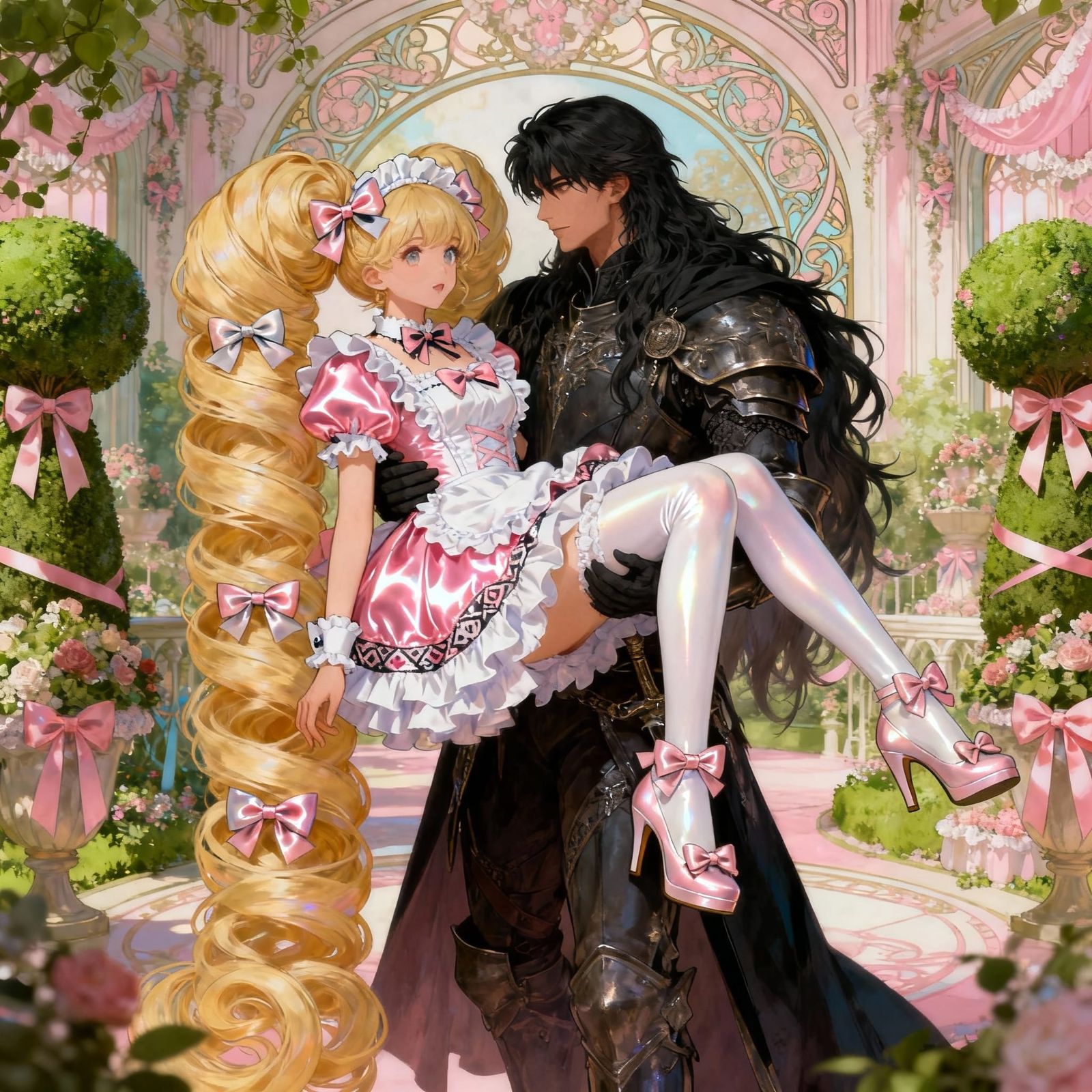 Knight Carries French Maid in Girly Pastel Garden