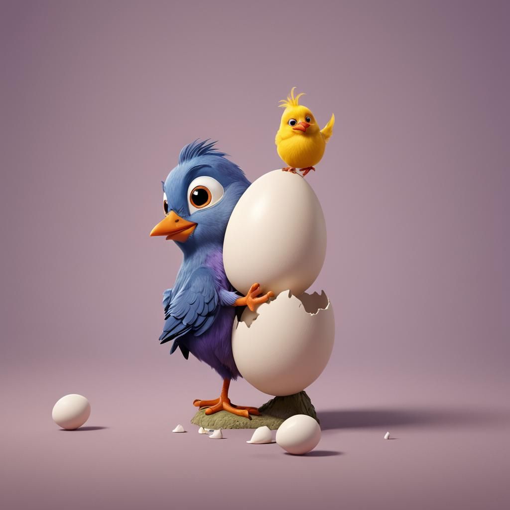 An image of funny, silly, skinny, gawky, dopey baby bird just emerging from an upright egg ...