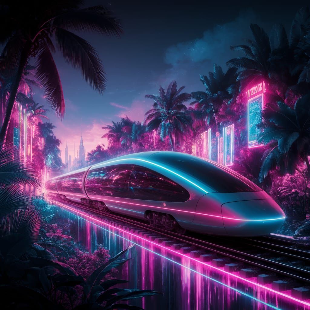 Futuristic Hyperloop Train Speeds Through Cyber Tropique Lan...