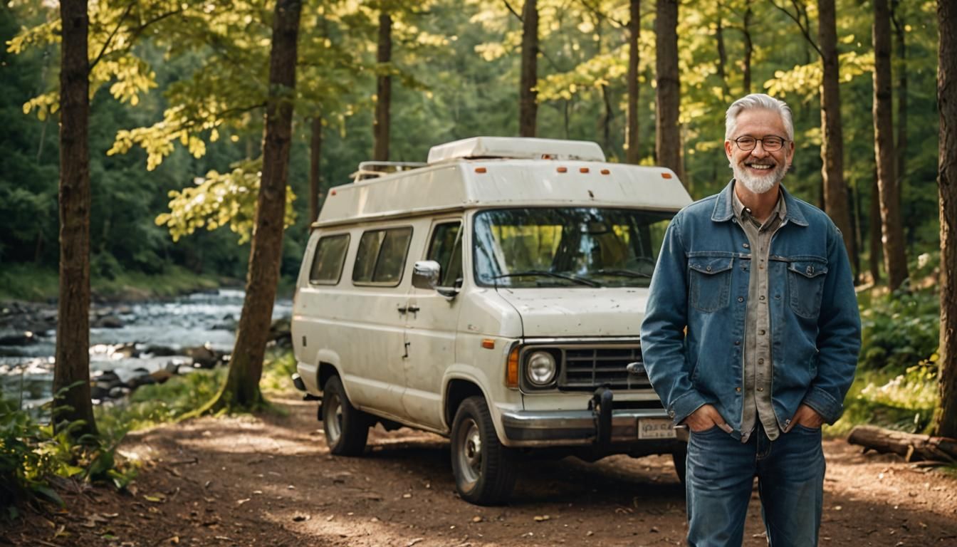 Man with Camper in Forest: Portrait Photography