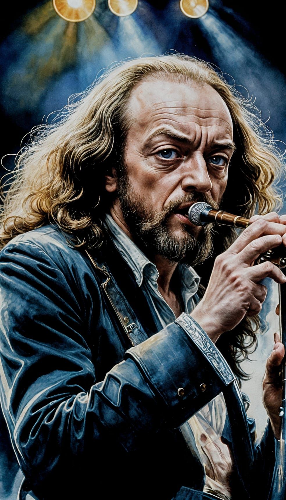 Ian Anderson in 1977 Style, Watercolor Portrait of Flute Pla...
