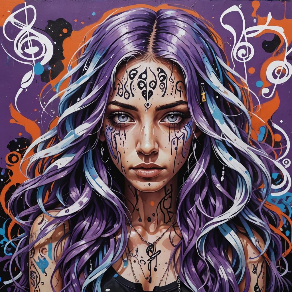 Vibrant Street Art of Woman with Music Note Eyes