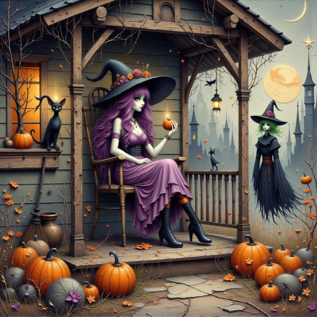 Anime Witch and Cat on Porch with Visitor