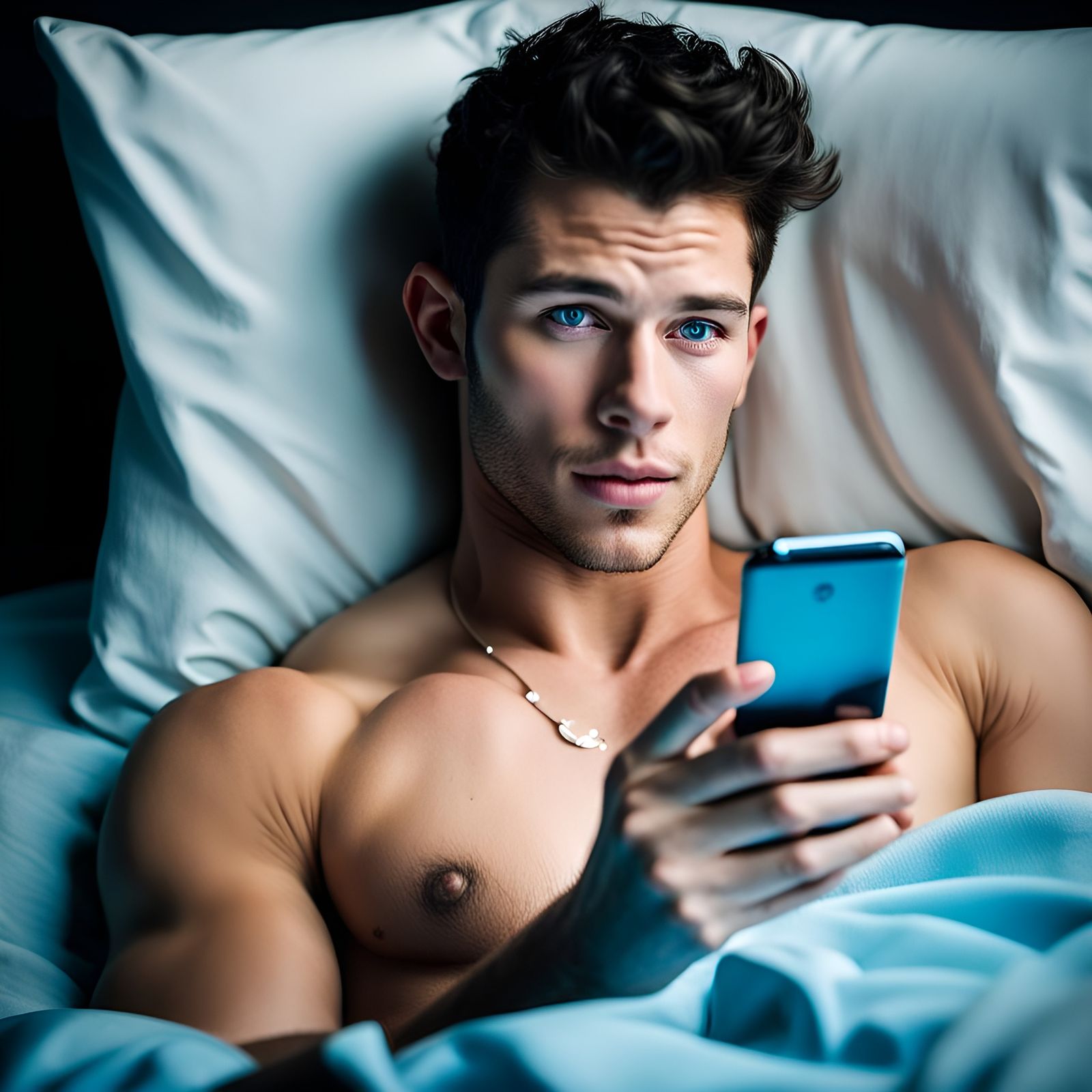 Handsome Man with Blue Eyes Relaxes in Bed
