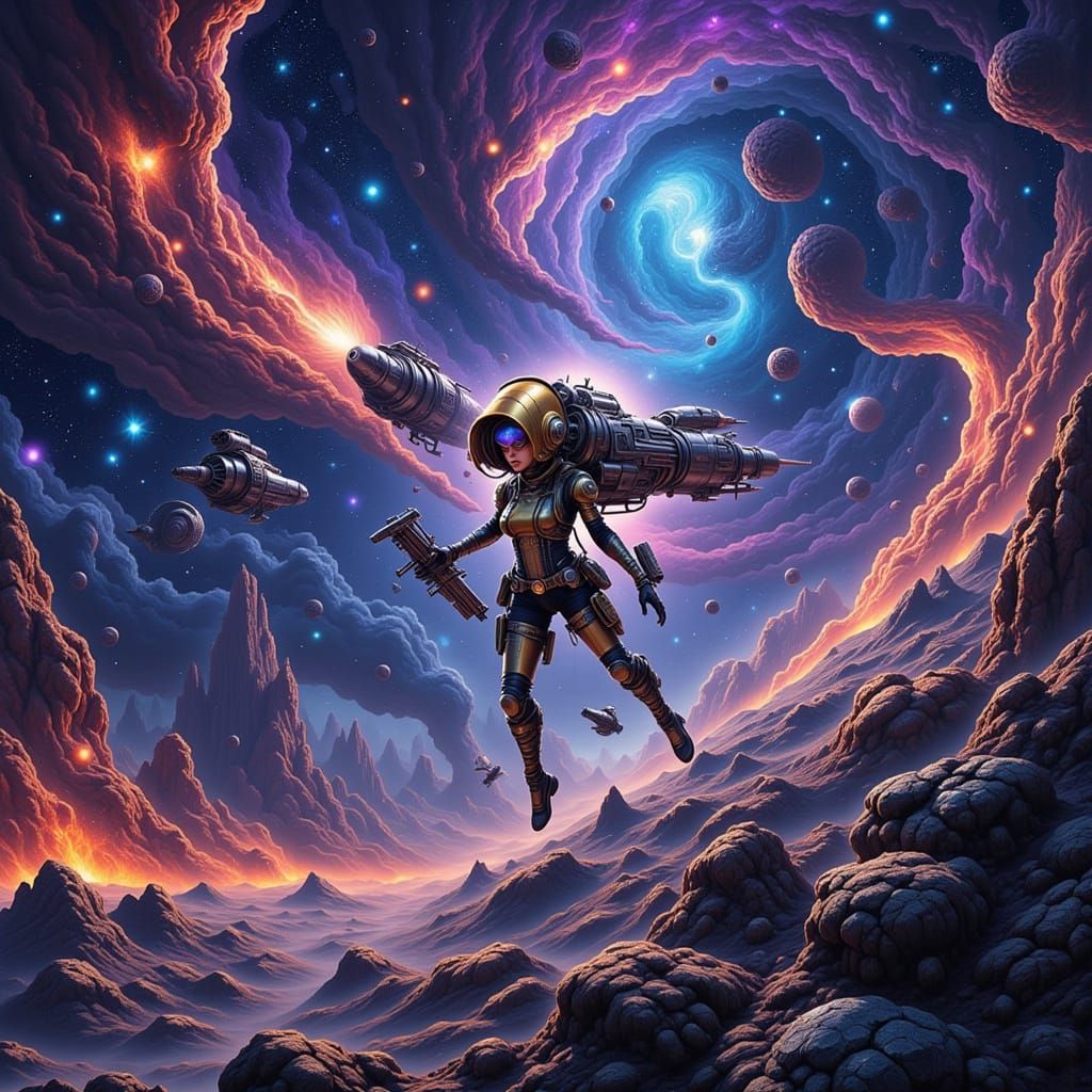 Cosmic Steampunk Traveler Soaring Through Galaxy