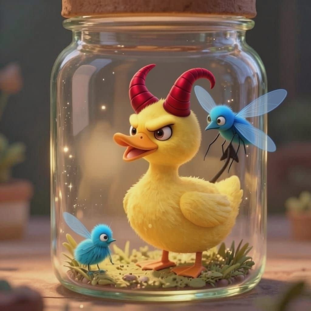 Plastic Devil Duck and Blue Fly in Jar