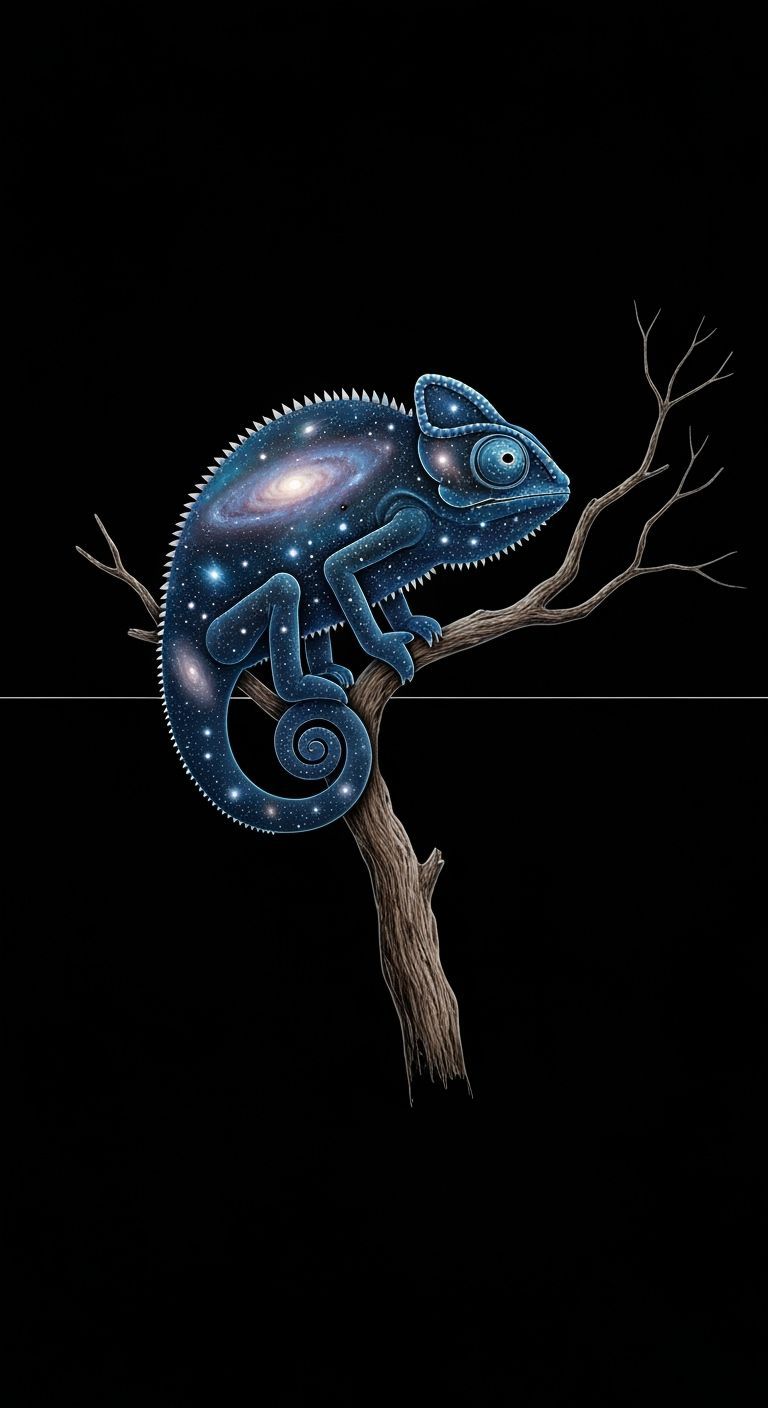 Cosmic Chameleon on Barren Tree: Watercolor Galaxy Art