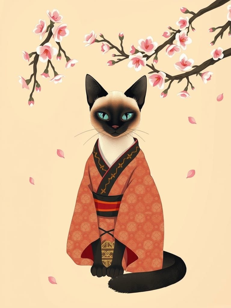 Siamese Cat in Japanese Attire Under Cherry Blossoms