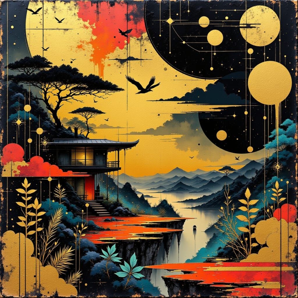 Abstract Futurism: Gold Accented Geometric Forms