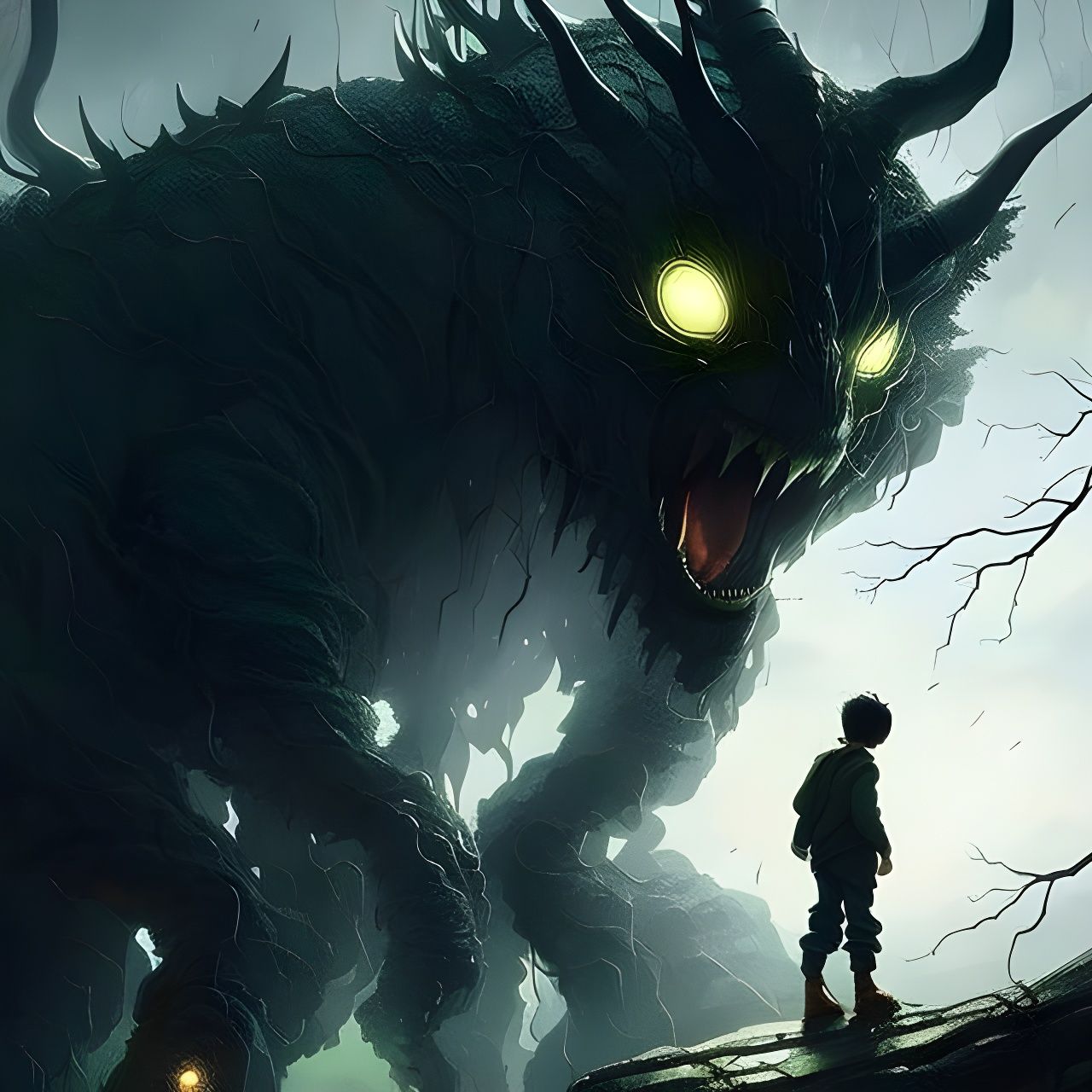 Boy and Monster Encounter in Mixed Media Style
