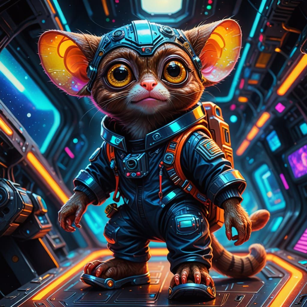 Cyberpunk Tarsier Takes Flight in Vibrant Oil Painting