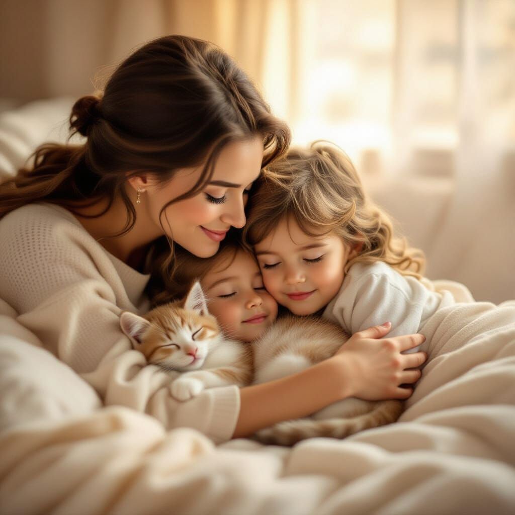 Family Admires Sleeping Kitten in Gentle Dawn Light