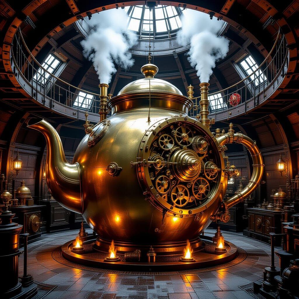 Steampunk Engine Room Inside a Giant Brass Teapot