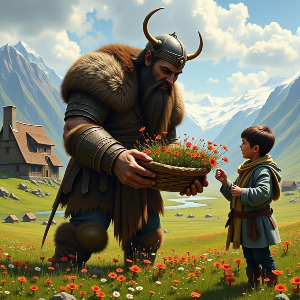 Gentle Giant Picks Flowers Near Village