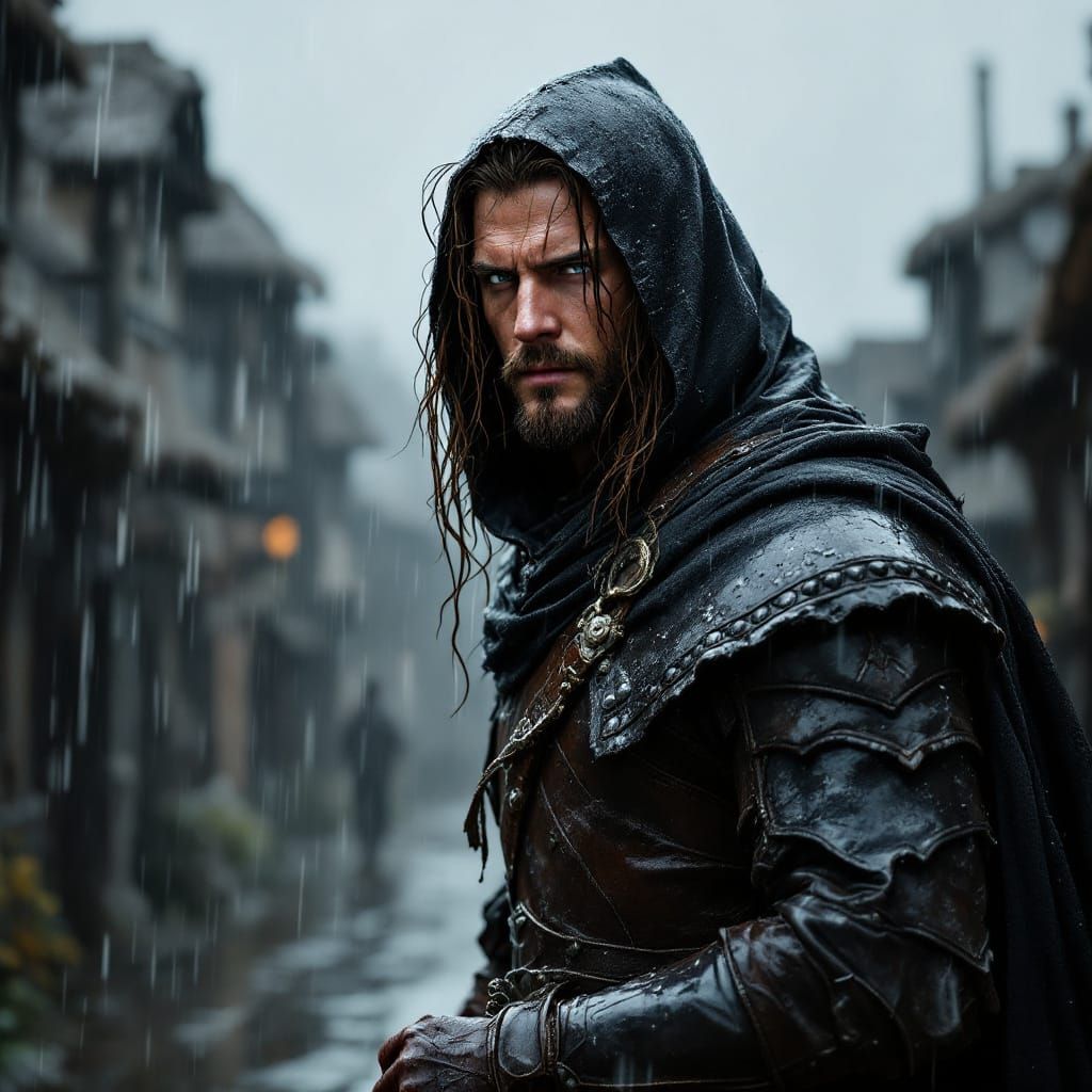 Warrior in Rain: Medieval Fantasy Photorealistic Image