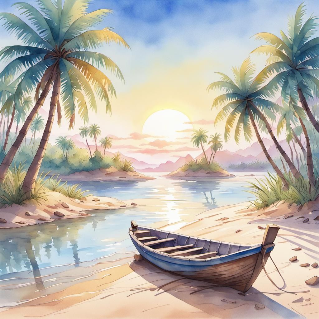 Desert Island Oasis: Wet Watercolor Painting