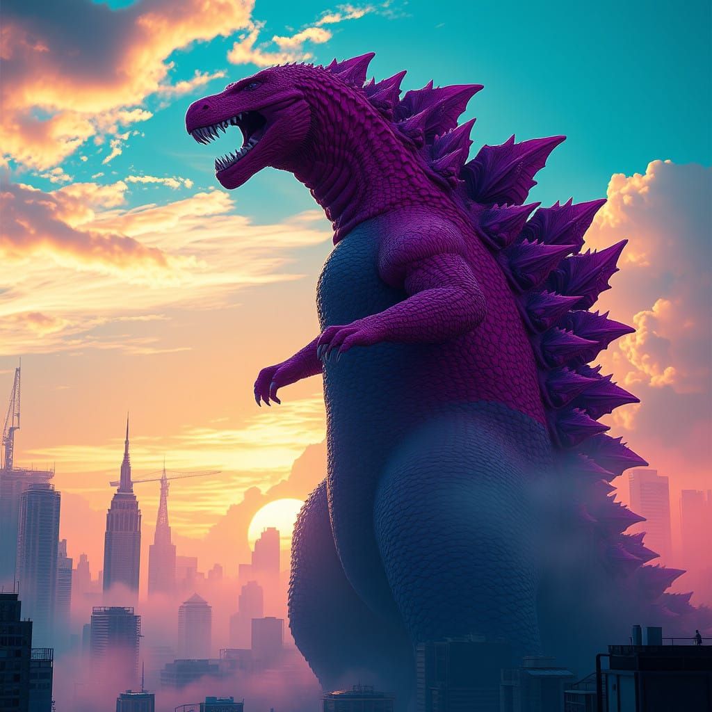 Ethereal Pink Monster Reigns Over Vibrant Cityscape