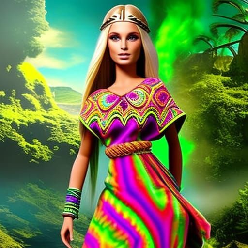 Hippie Barbie with dark blonde hair& green eyes& wearing a tie-dye dress& wearing hippie boots& hippie vibes& Barbie vib...