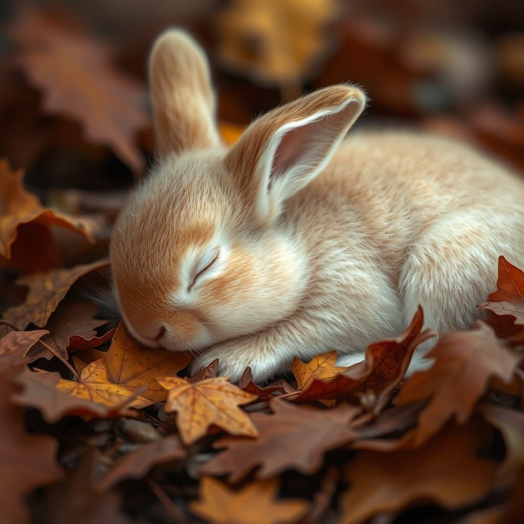 Baby Bunny Sleeps in Autumn Leaves: Ethereal Fantasy