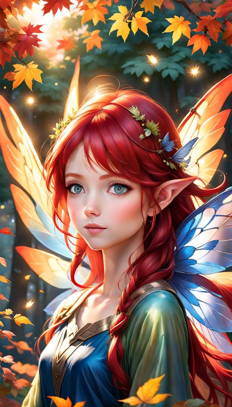 Beautiful cinematic portrait of a autumn fairy, with shiny glowing eyes, silky red hair and translucent incredible delic...