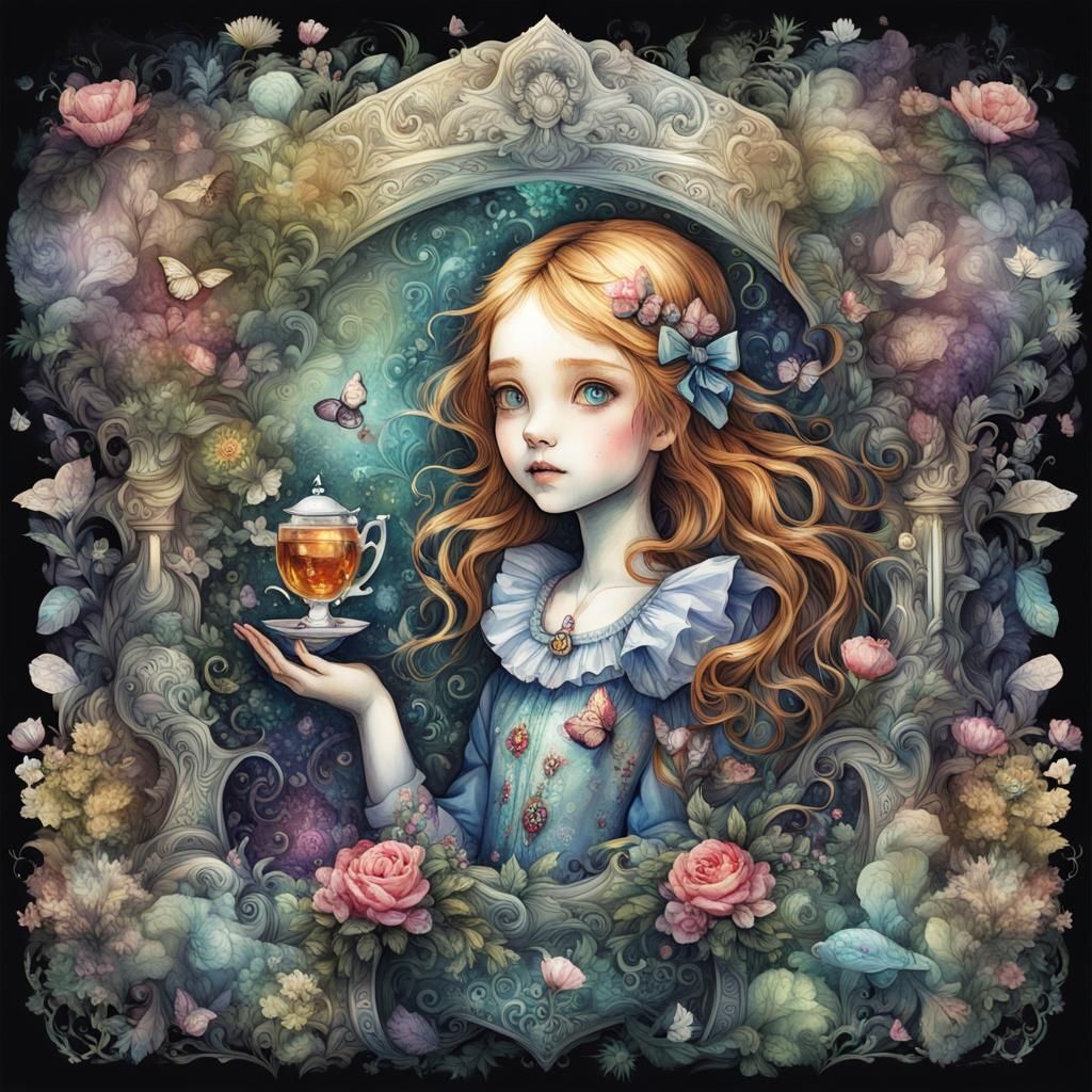 Alice in Wonderland Tea Party in Watercolor Style