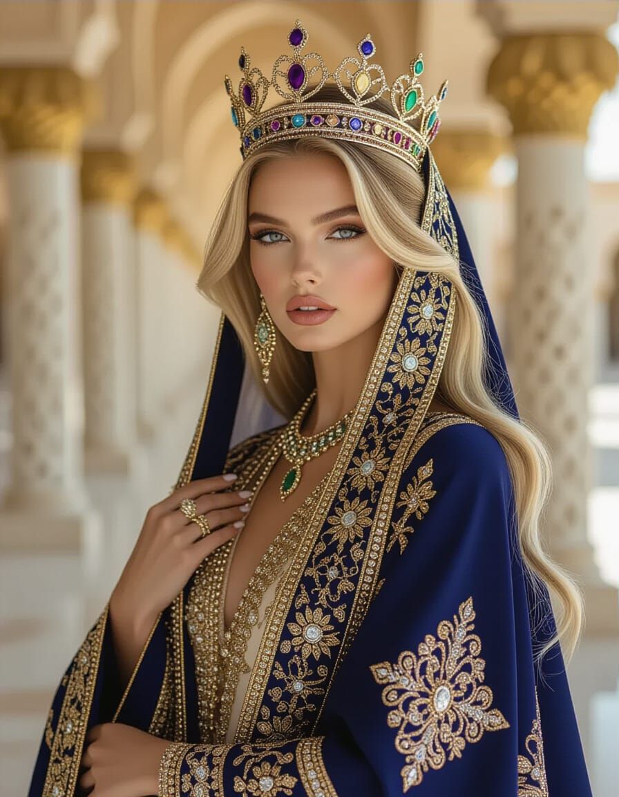 Majestic Blonde Model in Luxurious Abaya