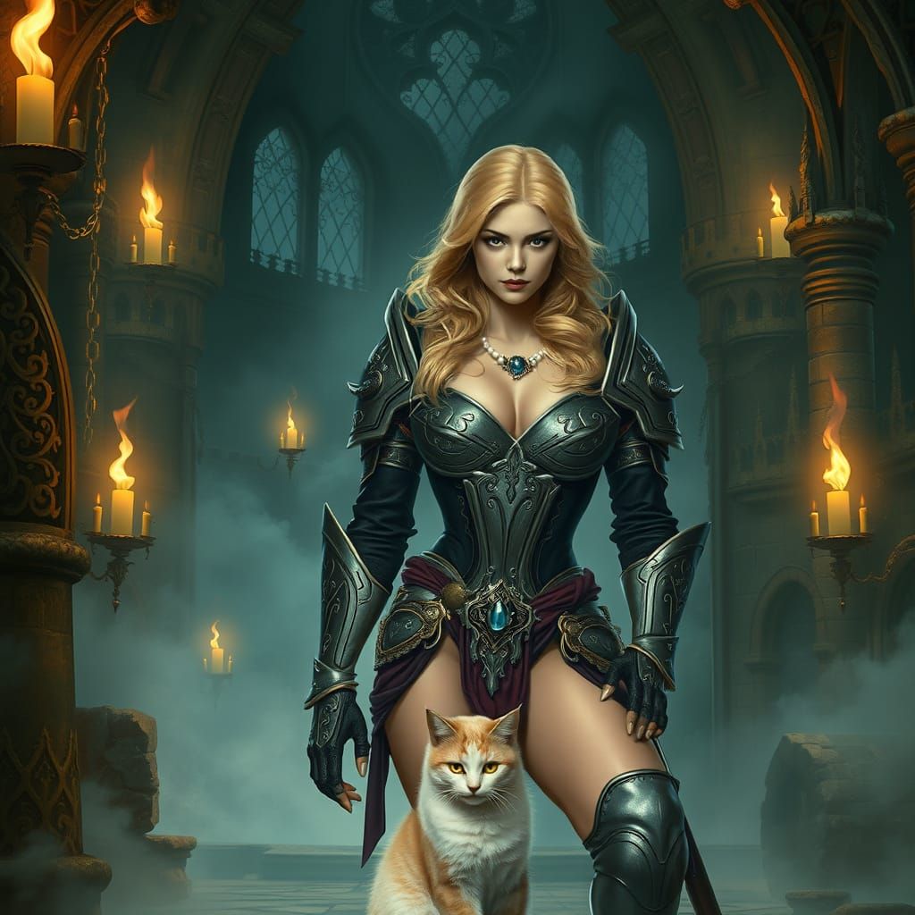 Fierce Blond Warrior Woman with Cat in Castle