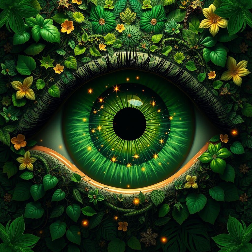Surreal Green Eye Formed by Swirling Nature Patterns in Hype...