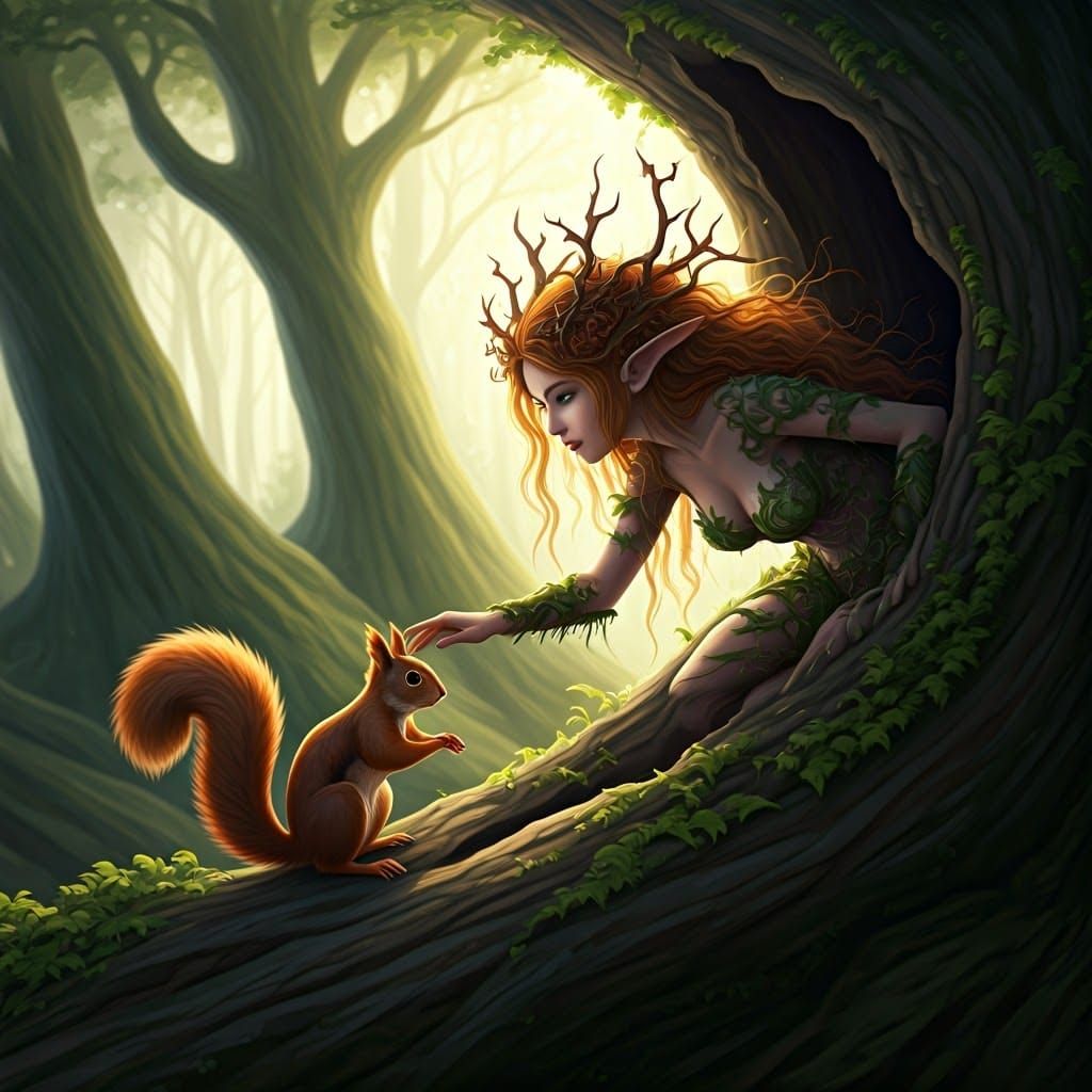 Dryad Emerges from Tree to Pet Squirrel