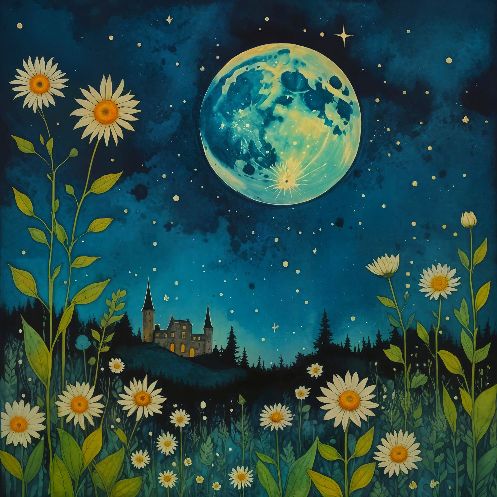 Celestial Midnight Botanical Flora as Aquarelle Painting