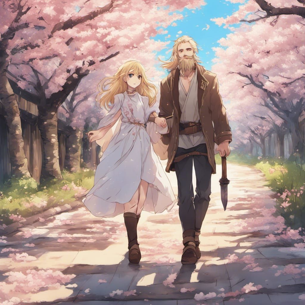 Blonde Father and Daughter in Anime Cherry Blossom Scene