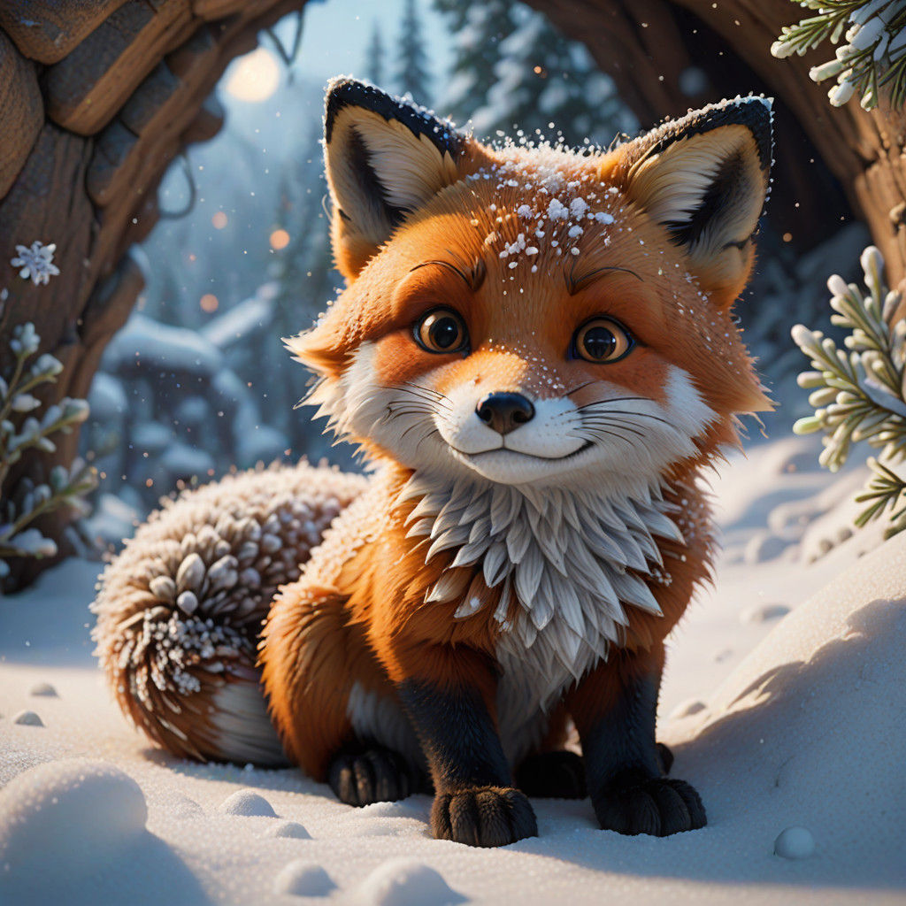 Cinematic Baby Red Fox in Cozy Snow Cave