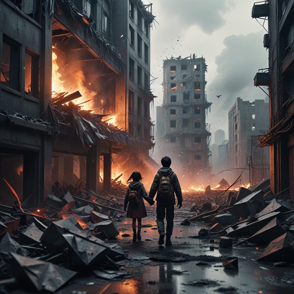 Apocalyptic Cityscape in Japanese Anime Style