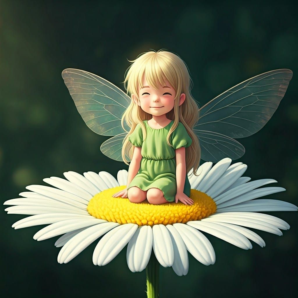 Cute Fairy on a Daisy in Vibrant Studio Ghibli Style