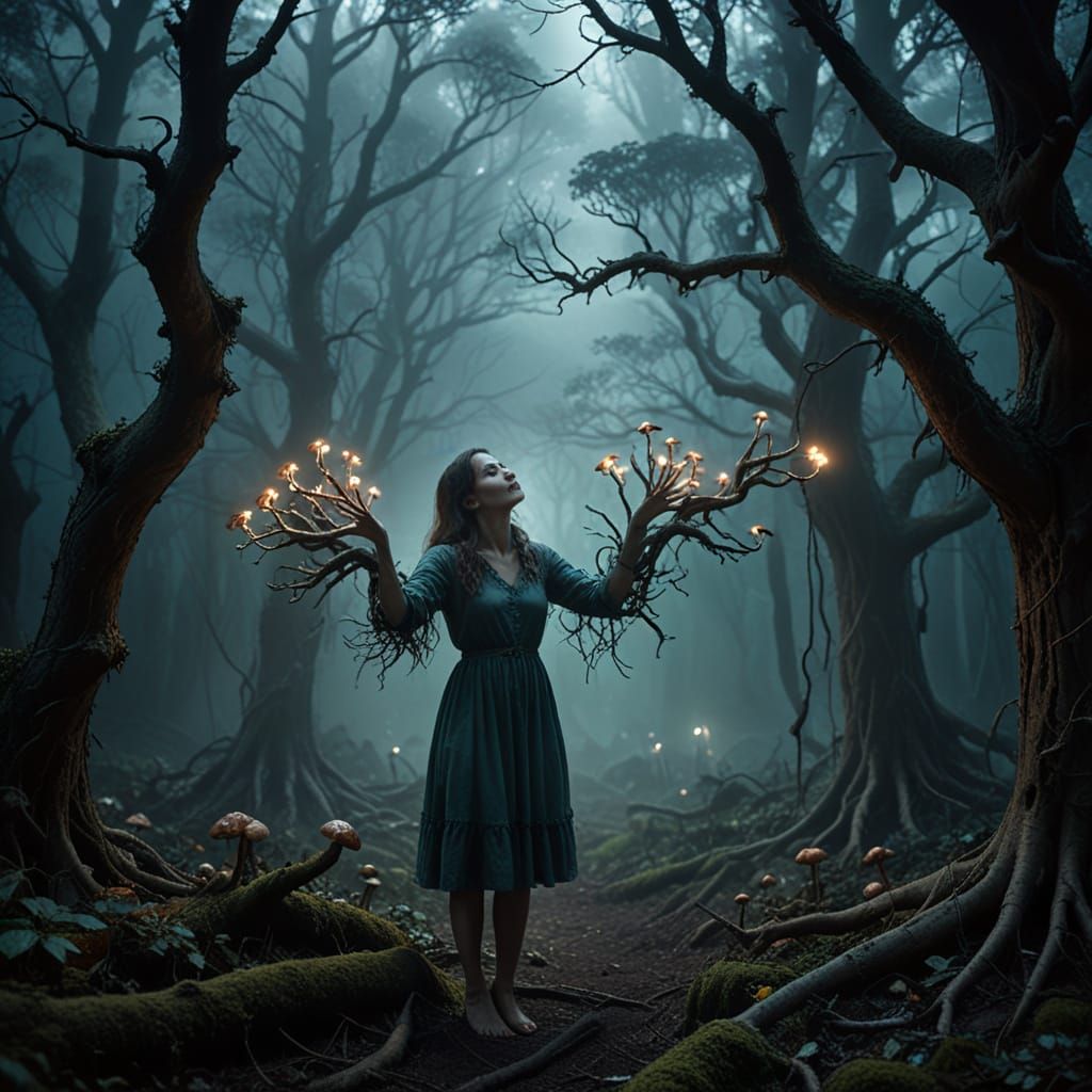 Mysterious Woman in a Twisted, Misty Forest