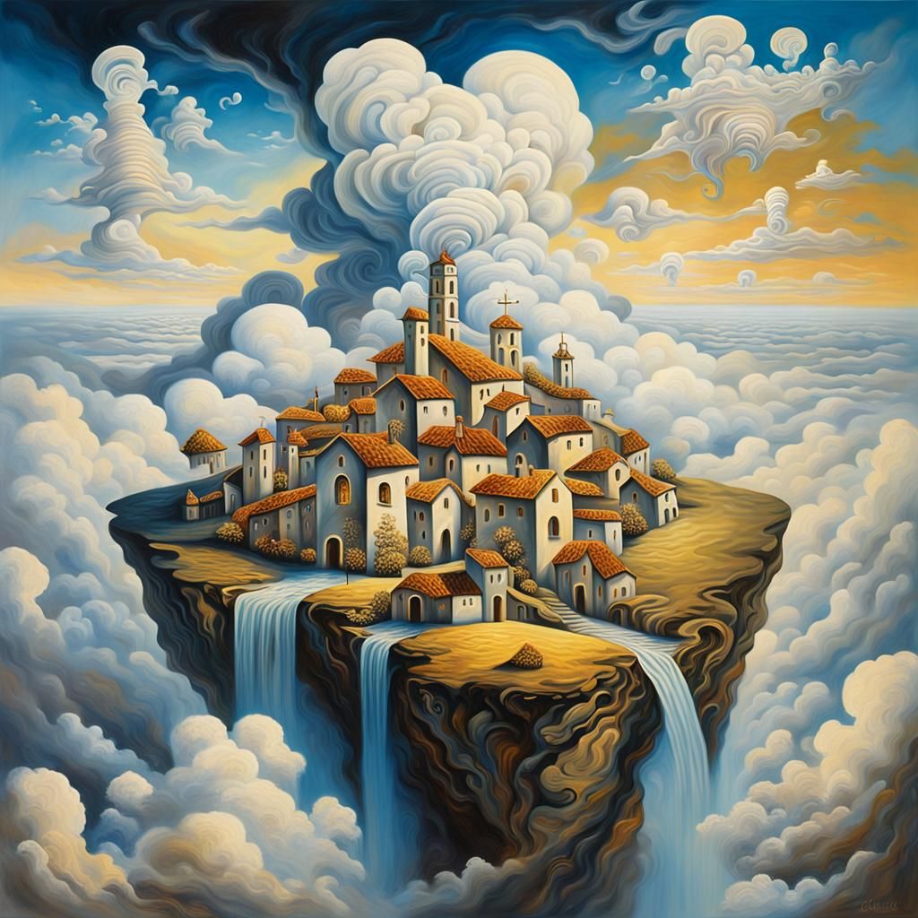Village Descends Through Clouds: Surreal Oil Painting