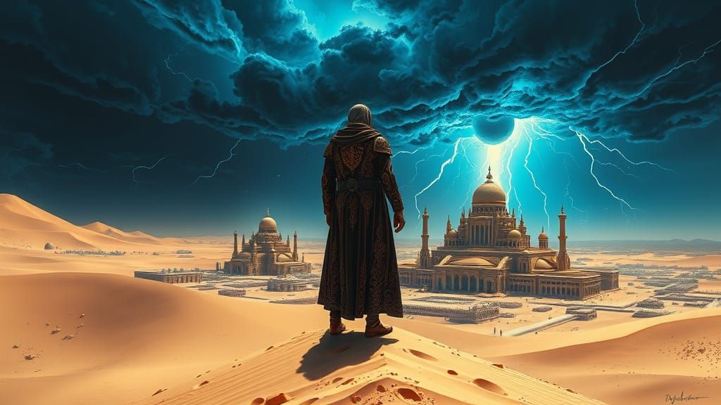 Paul Atreides on Windswept Dune, Gazing Upon Ancient Arrakee...