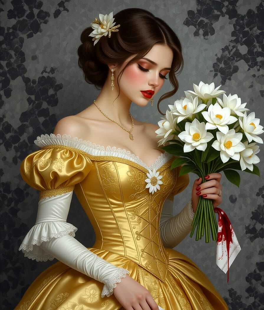 Sorrowful Woman in Golden Gown with Camelias