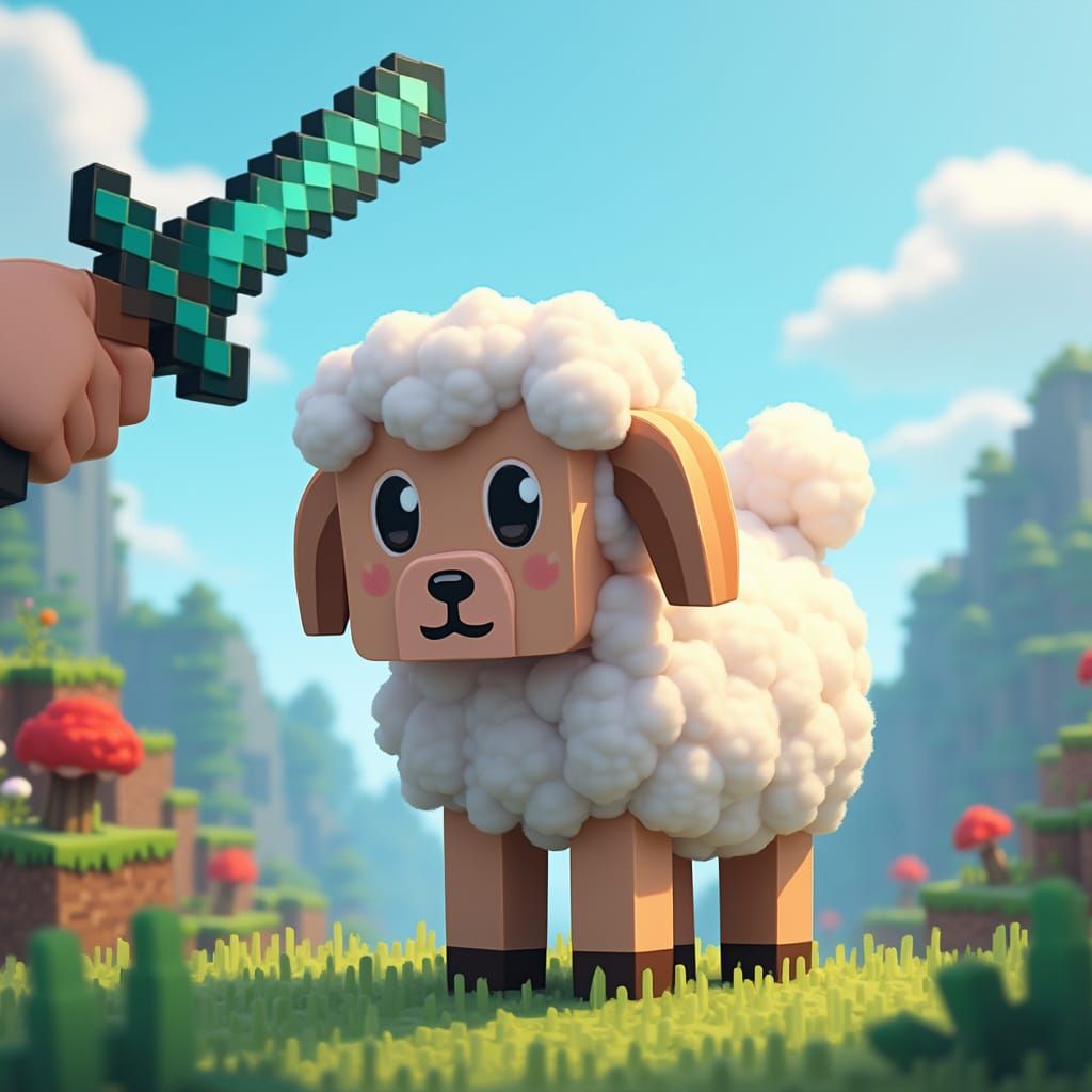 Pixelated Sheep in Minecraft Landscape