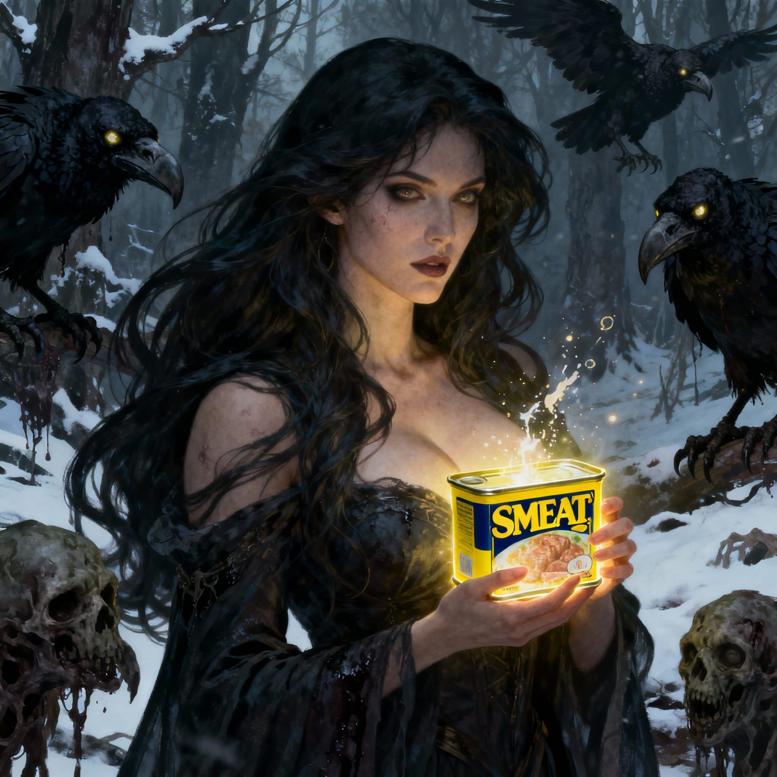 Sorceress With Glowing Spam Can in Winter Forest