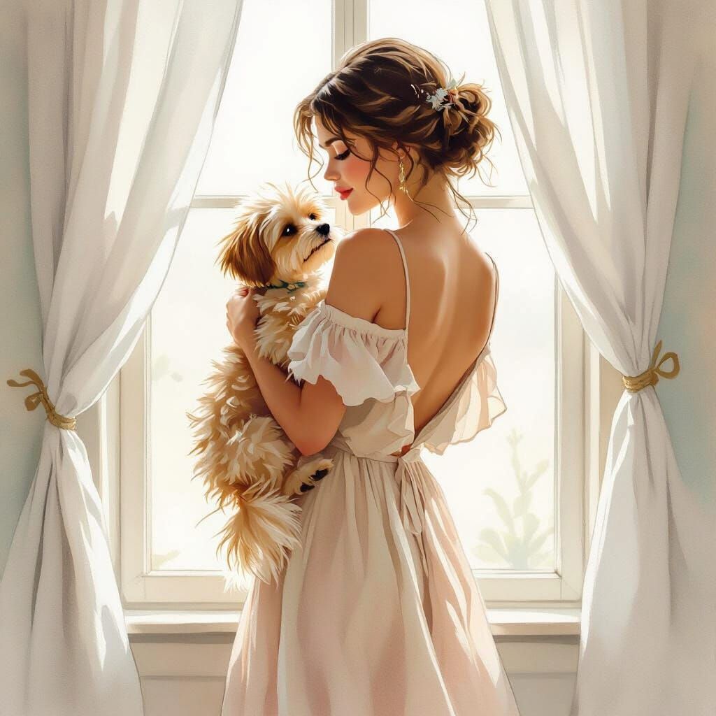 Woman with Dog: Ethereal Pastel Art Nouveau Style