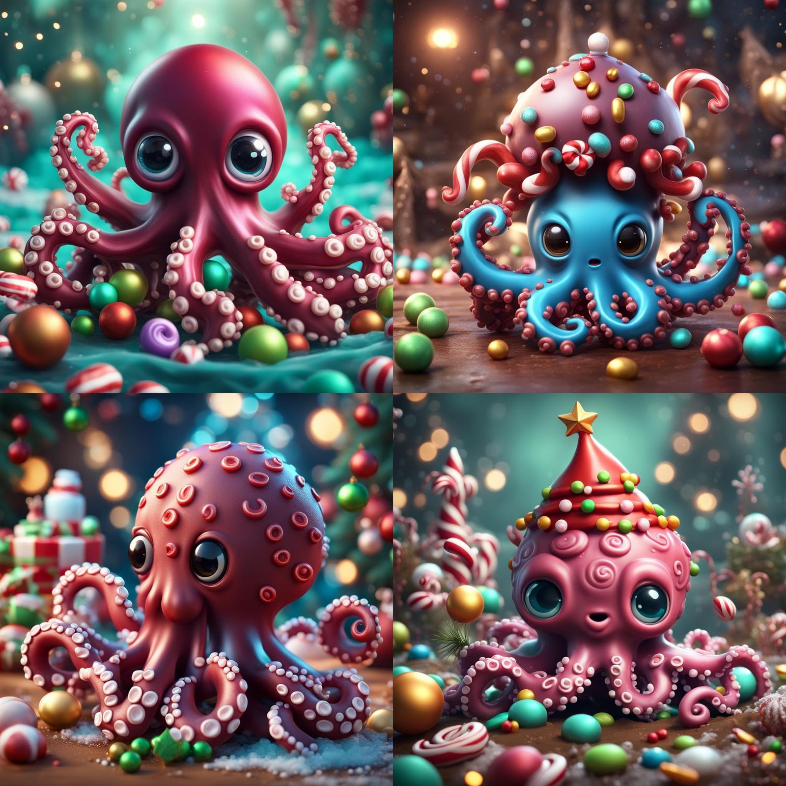 Festive Christmas Octopus with Candy: Detailed Fantasy Art