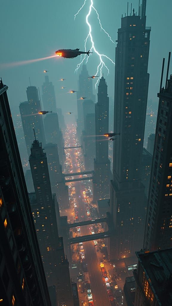 Cyberpunk Cityscape with Flying Vehicles at Night