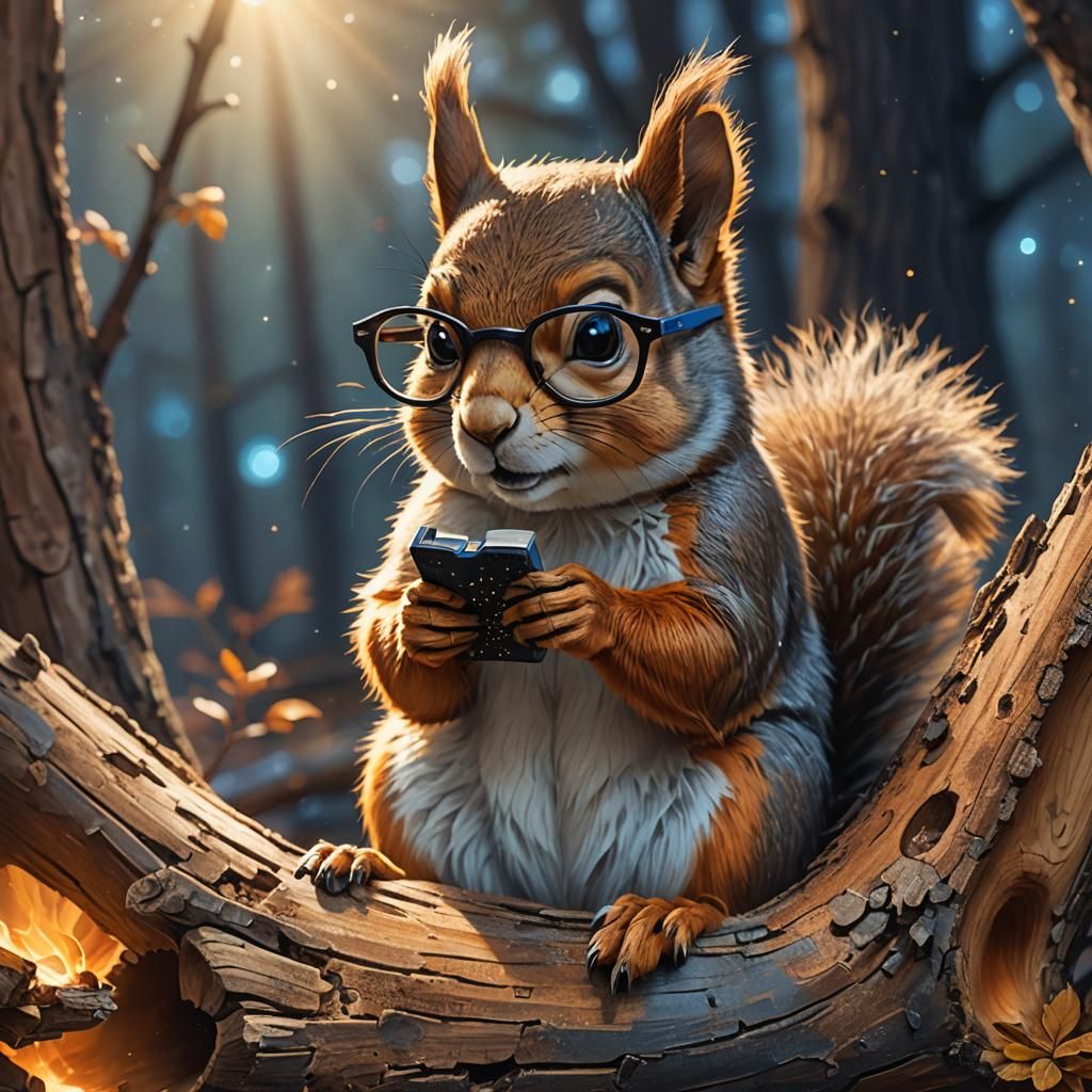 Squirrel Reading Book in Cozy Log, Hyper-Realistic Art