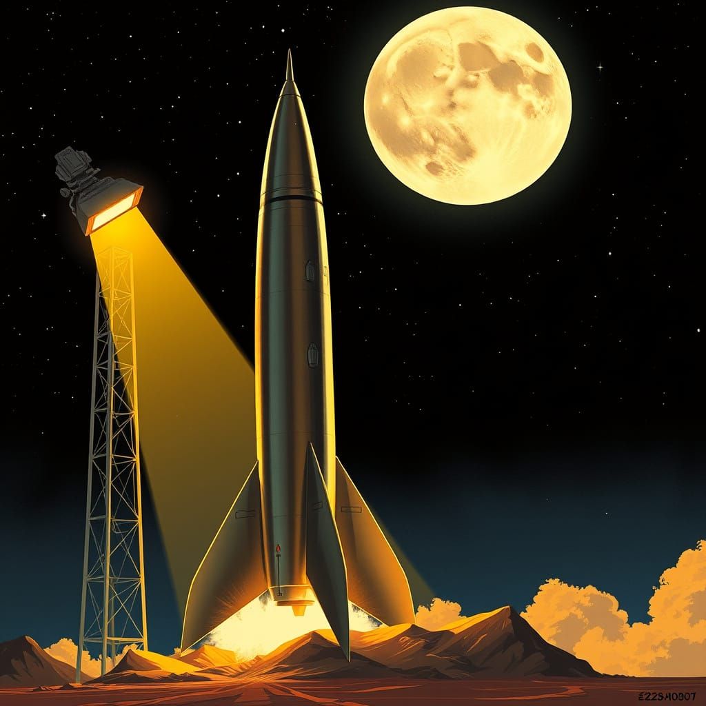 Retro-Futuristic Rocket Ship Soars into the Night Sky