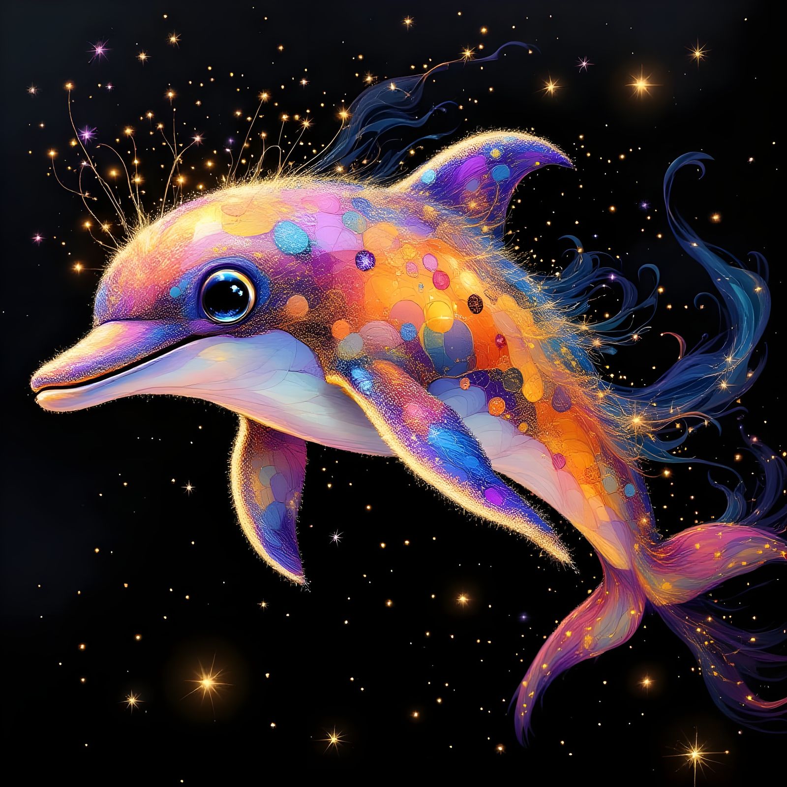 Vibrant, Adorable, Glowing Dolphin with Iridescent Spots in...
