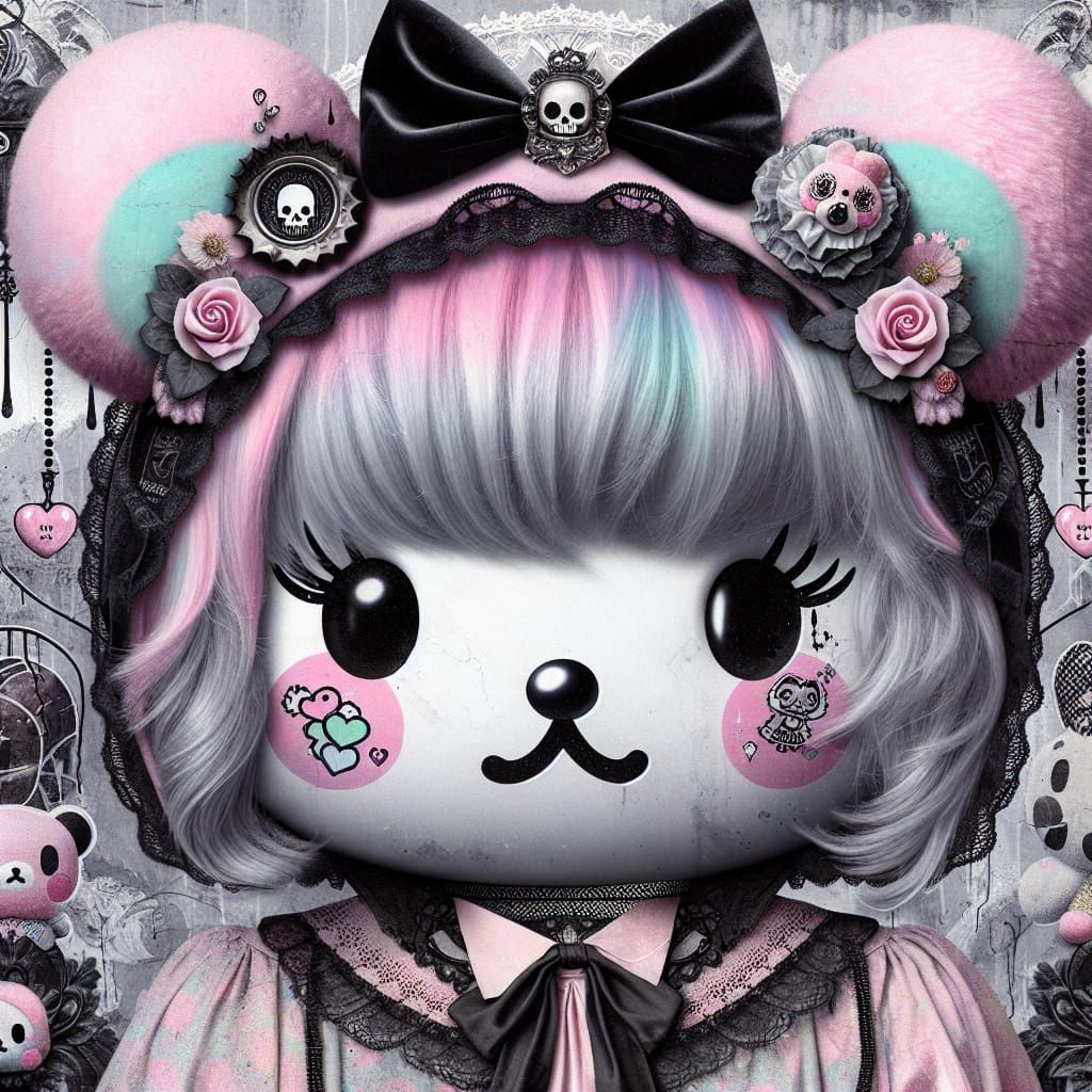 Pastel Goth Sanrio Creature Portrait in Mixed Media