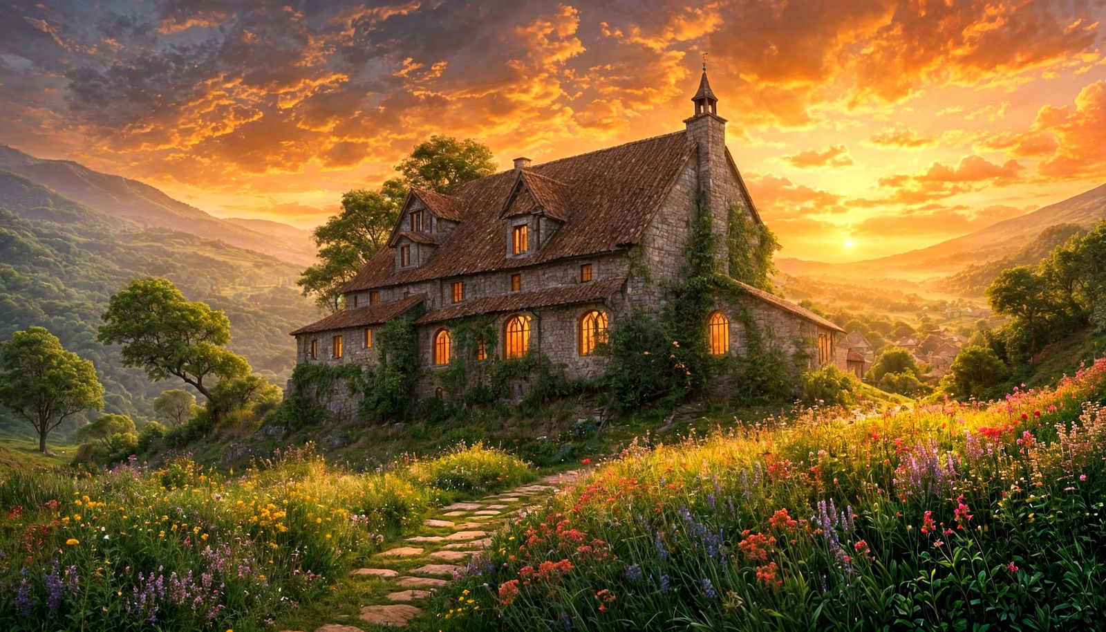 French Countryside at Sunset: Fields, River, and Village